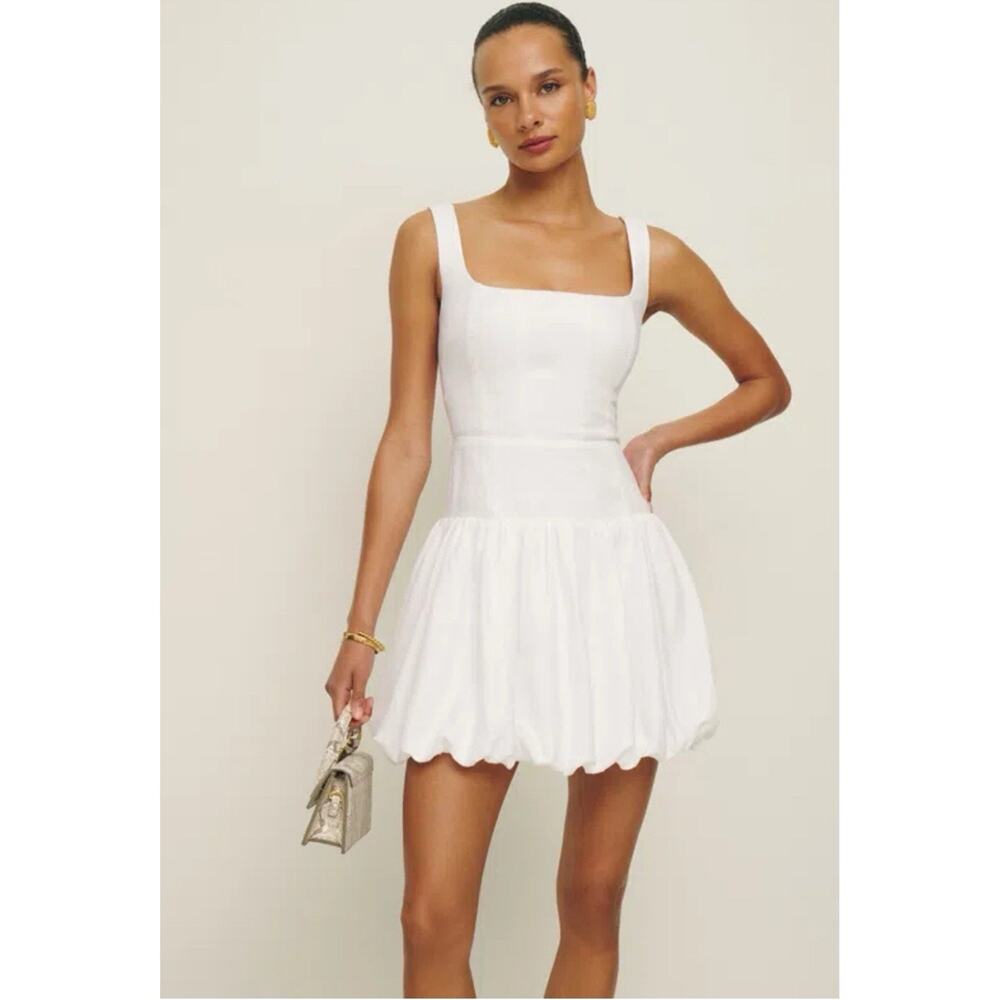 Reformation Delia Linen Dress Bubble Skirt Drop Waist White Size 12 Coastal Chic